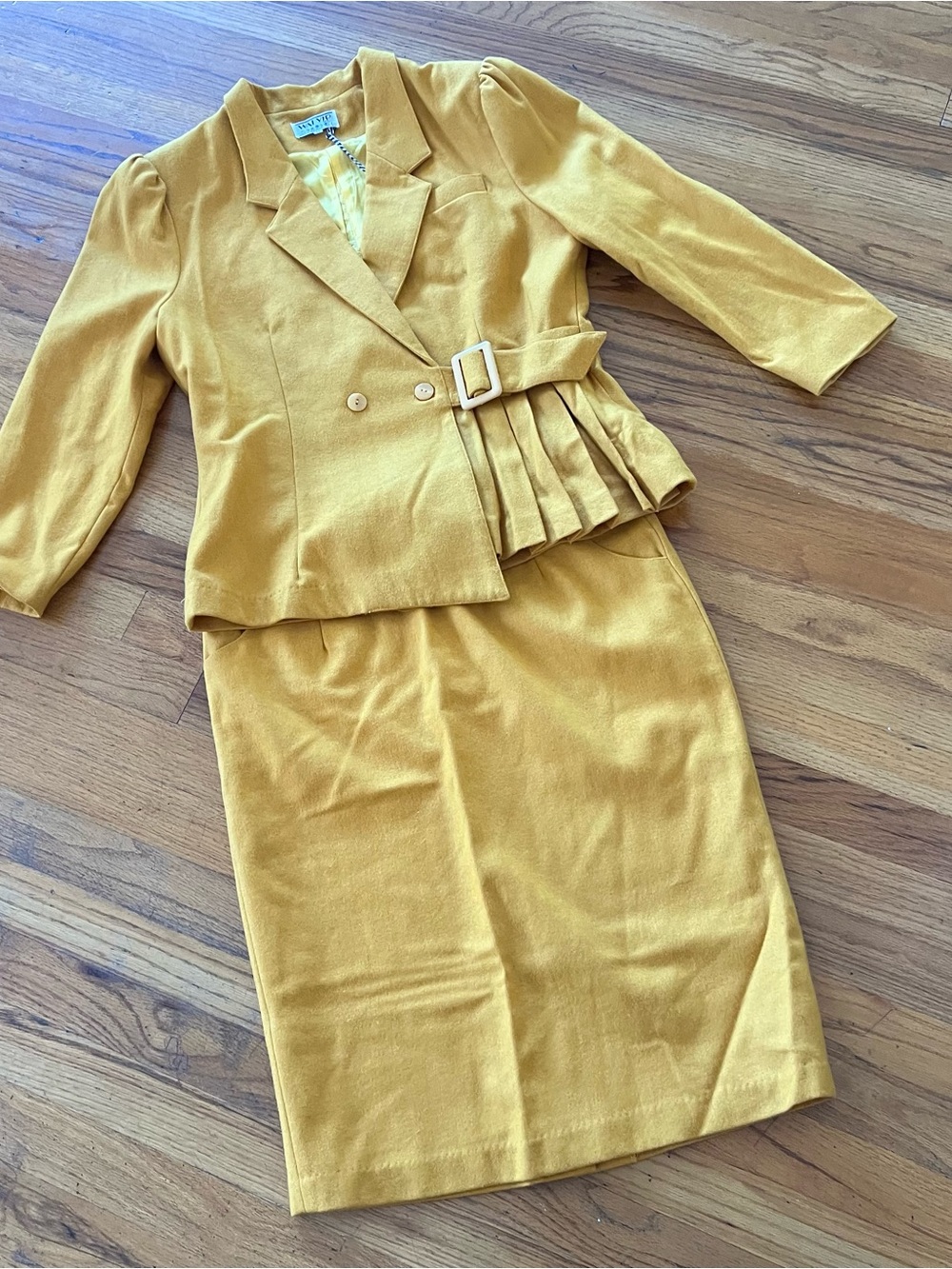 Retro Mustard Belted Jacket & Skirt Set